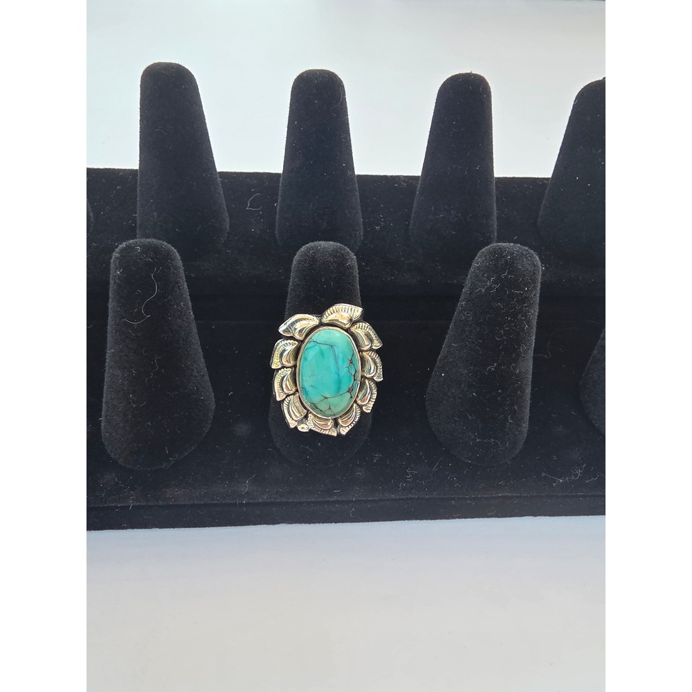 Vintage Sterling Silver 925 Turquoise Oval Scalloped Leaf Ring Size 6.25